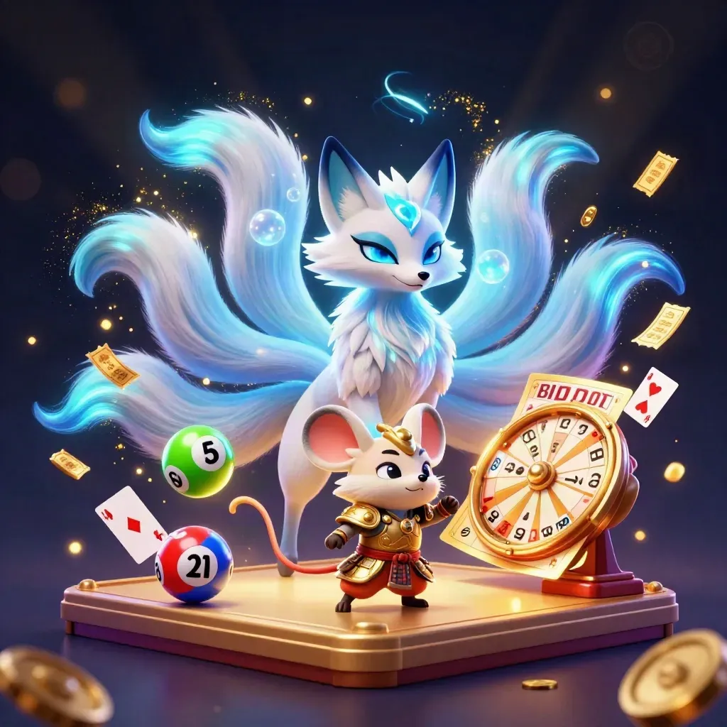 Neon fox spirit and armored mouse amid casino rewards and glowing effects.