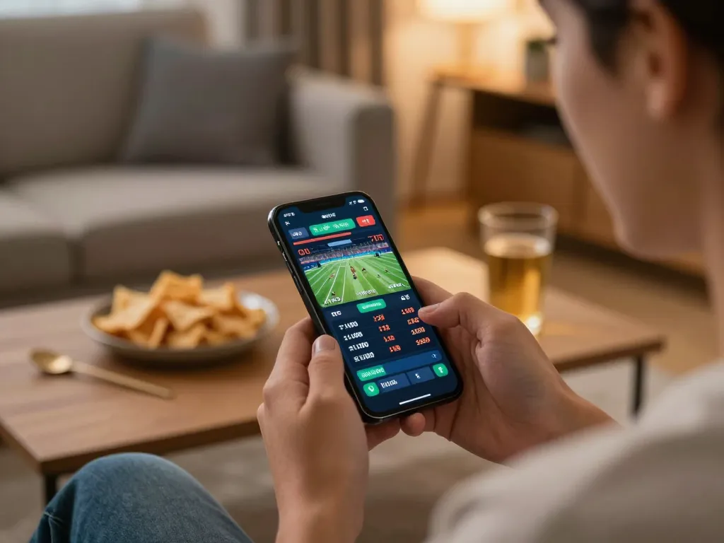 Person enthusiastically placing bets on FC88 sports betting app, highlighting live game excitement in a cozy home atmosphere.