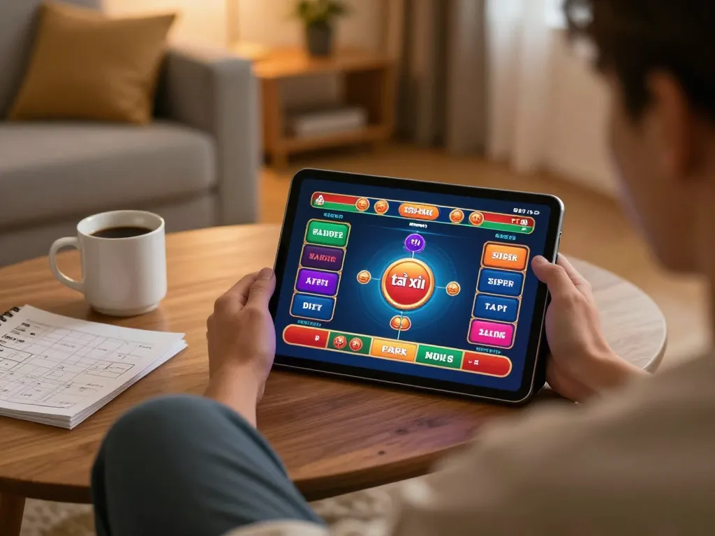 Engaging in tài xỉu online gameplay on a tablet at home, showcasing a relaxed and focused betting environment