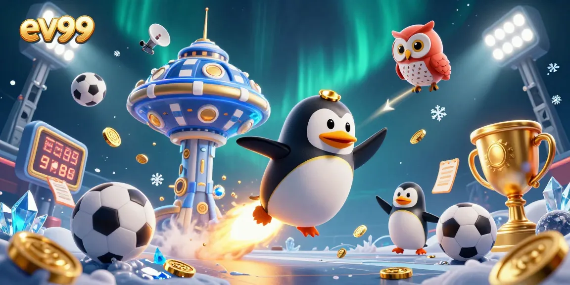 Experience thrilling gameplay at ev99 with a cartoon penguin navigating a vibrant casino universe.