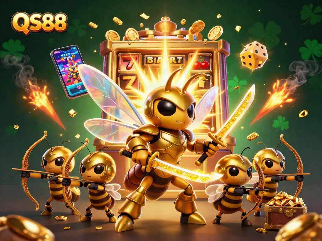 Experience dynamic casino gameplay with QS88 featuring a golden hornet warrior in a vibrant gaming scene.