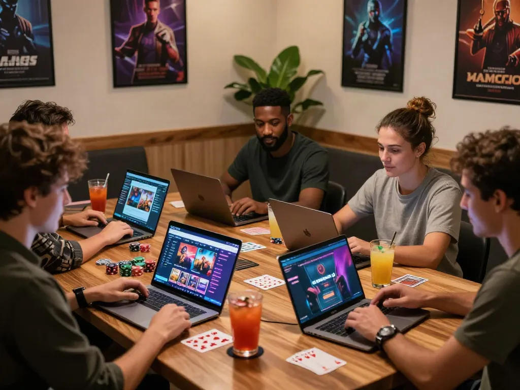 Friends exploring gambling sites not on GamStop in vibrant cafe setting.