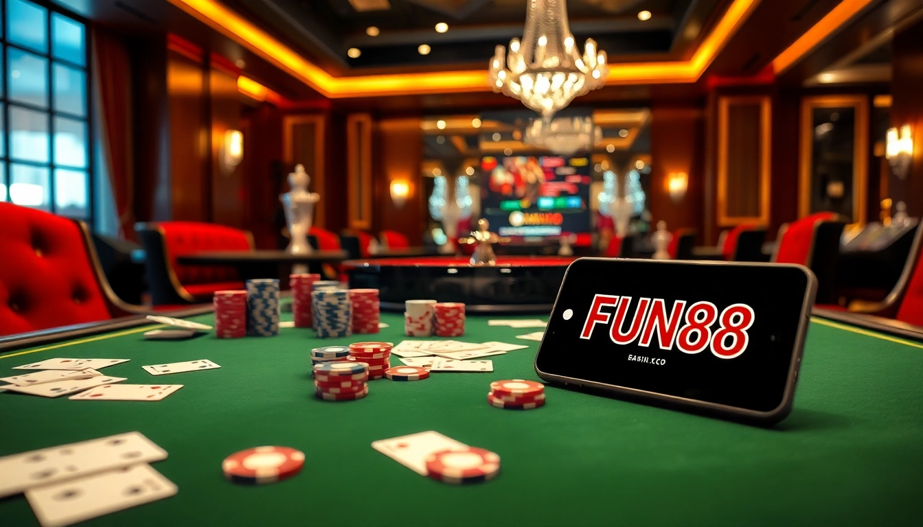 Experience the excitement of FUN88 แท้ at a luxurious casino table featuring poker chips and a roulette wheel.