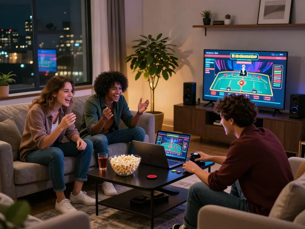 Group of friends enjoying gambling sites not on GamStop during a cozy gaming night