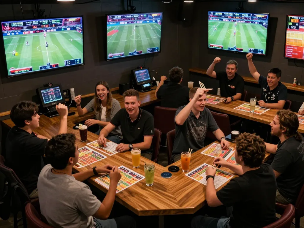 TIP88 players engage in thrilling sports betting, excitement visible from multiple screens