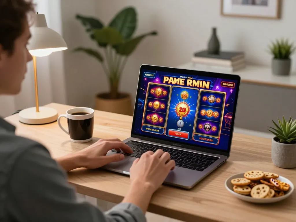 Player enjoying MM 88 online slots in a stylish home office setting, showcasing responsible gambling.