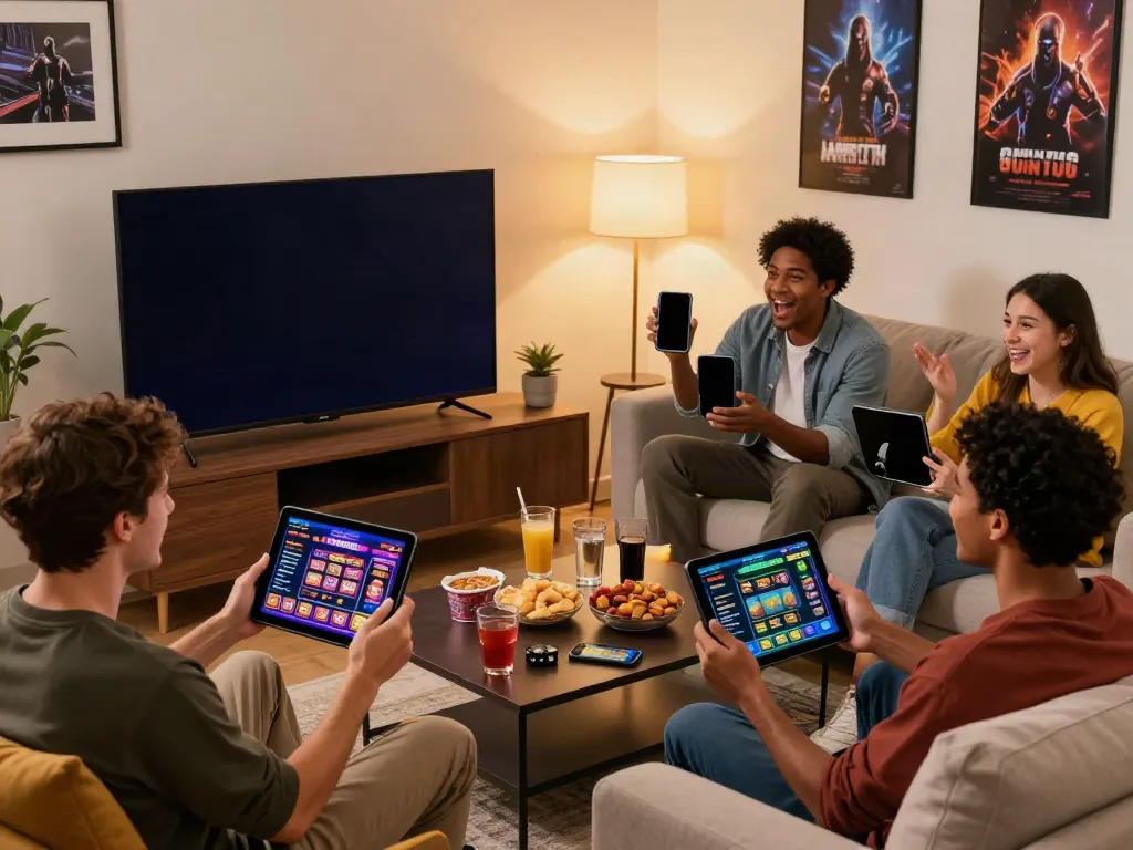Group of friends enjoying gambling sites not on gamstop together in a modern living room