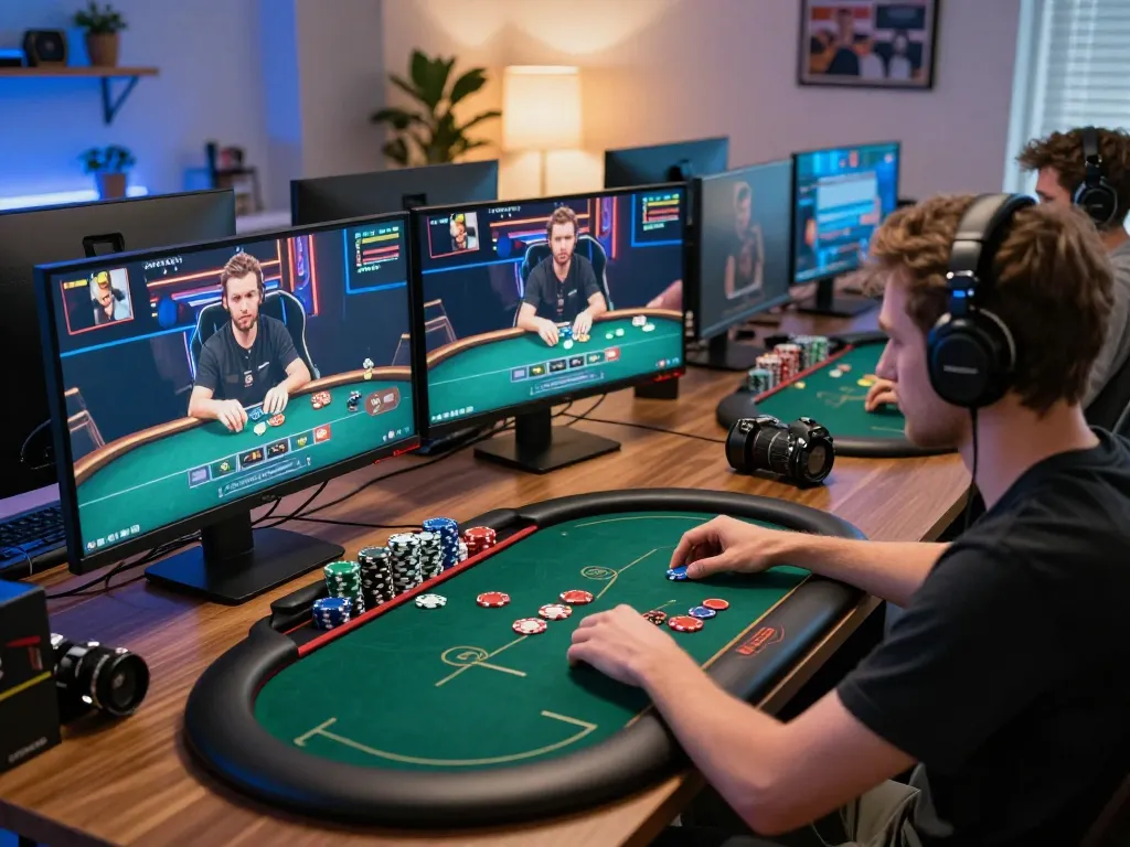 Player enjoying poker on hay88x online platform in a comfortable home gaming setup with modern technology.