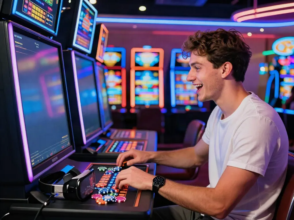 Enthusiastic player exploring gambling sites not on GamStop on his smartphone in a vibrant casino backdrop.