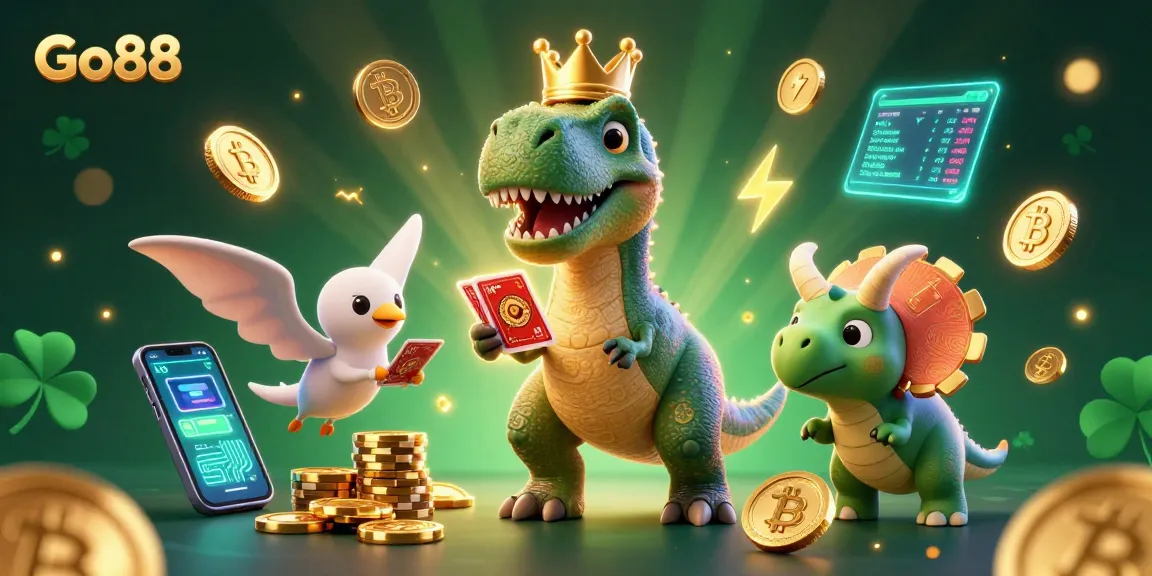 Play exciting games at Go88, featuring animated T-Rex and friends shuffling cards and stacking chips.