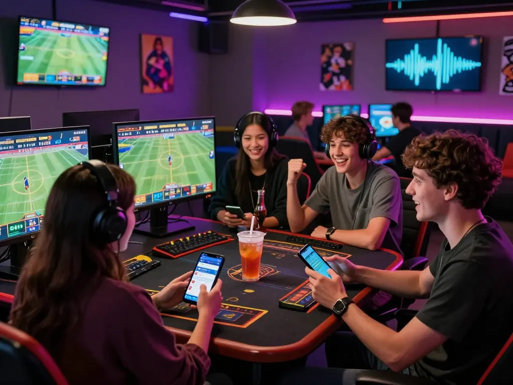 Engaged players at BK8 gaming lounge enjoying sports betting and casino games