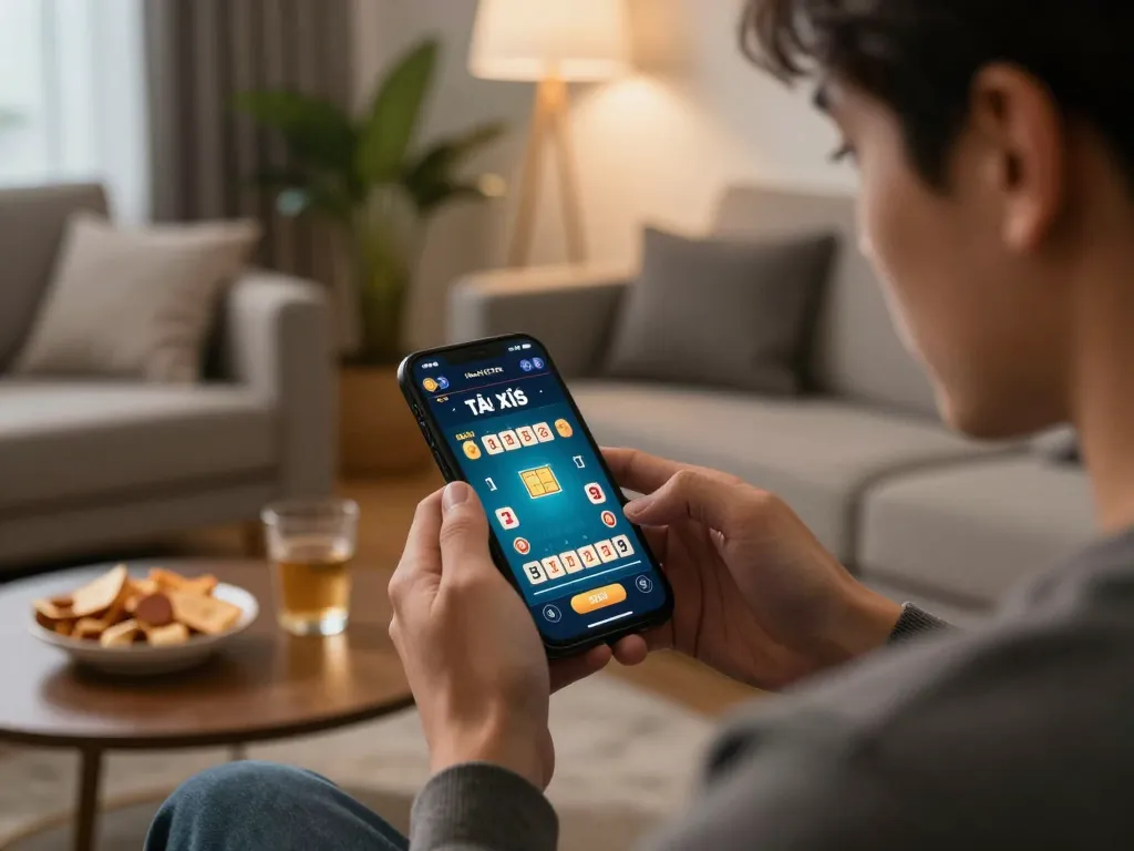 Tài xỉu online gameplay on a smartphone in a cozy living room setting, highlighting digital gambling excitement.