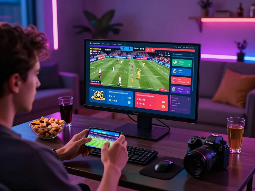 Engaging online betting scene with rikbet on smartphone and vibrant sports visuals.