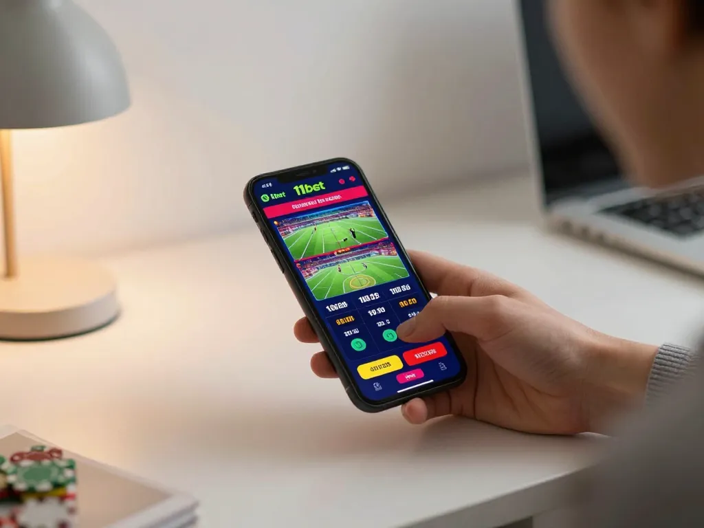 Engaged user places bets on 11bet's live sports betting app during a thrilling event
