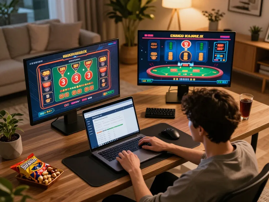 Experience exciting online betting with xin88 on a cozy home setup featuring multiple screens and warm lighting.