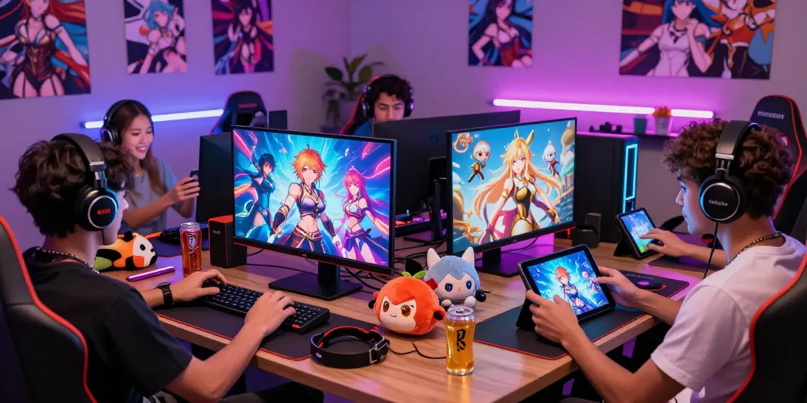 Group of diverse gamers playing exciting hentai games in a cozy gaming environment.