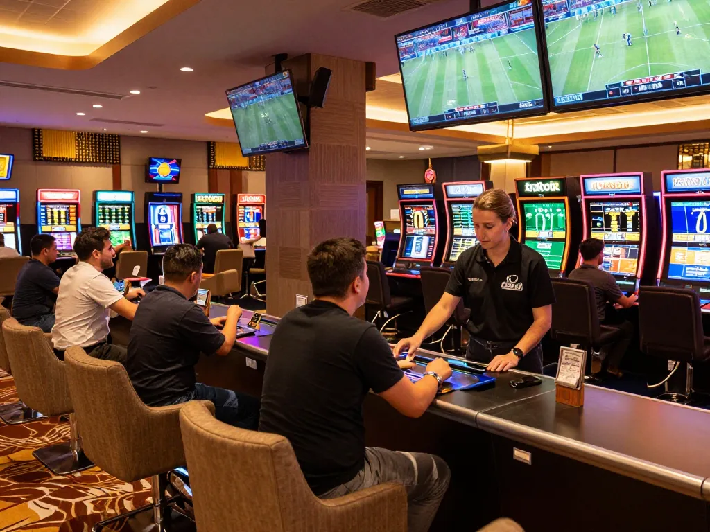 Experience the excitement of sports betting at tic88 with patrons actively placing wagers in a modern casino.