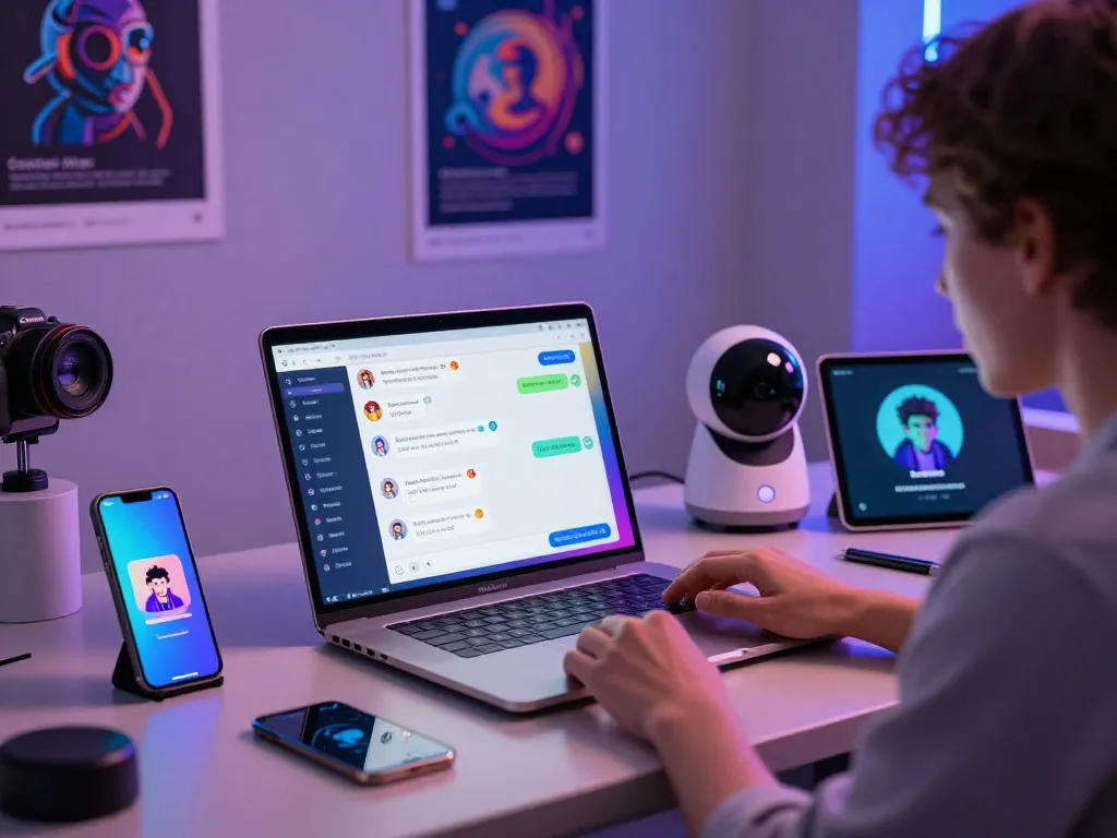 Engaged user interacting with Crushon AI on a laptop in a modern workspace.