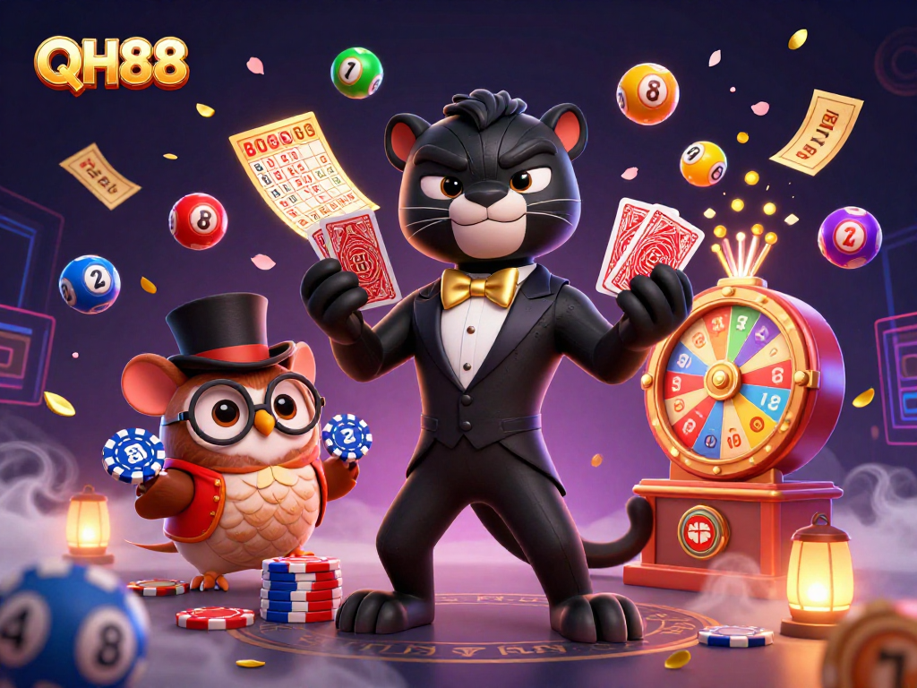Experience the excitement of QH88 with a 3D illustration showcasing vibrant casino elements and charming cartoon characters.