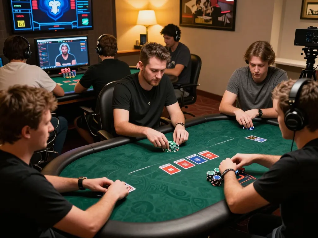Players engaging in thrilling online poker games at 789p, strategizing their moves with chips and cards on screens.