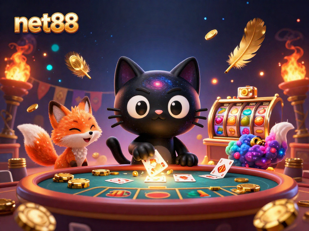 Experience the excitement of net88 with a cosmic casino scene featuring vibrant characters and dynamic elements.