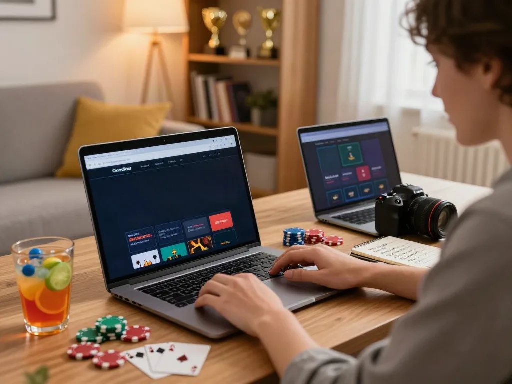 Engaging scene of a person exploring gambling sites not on GamStop in a cozy living room.