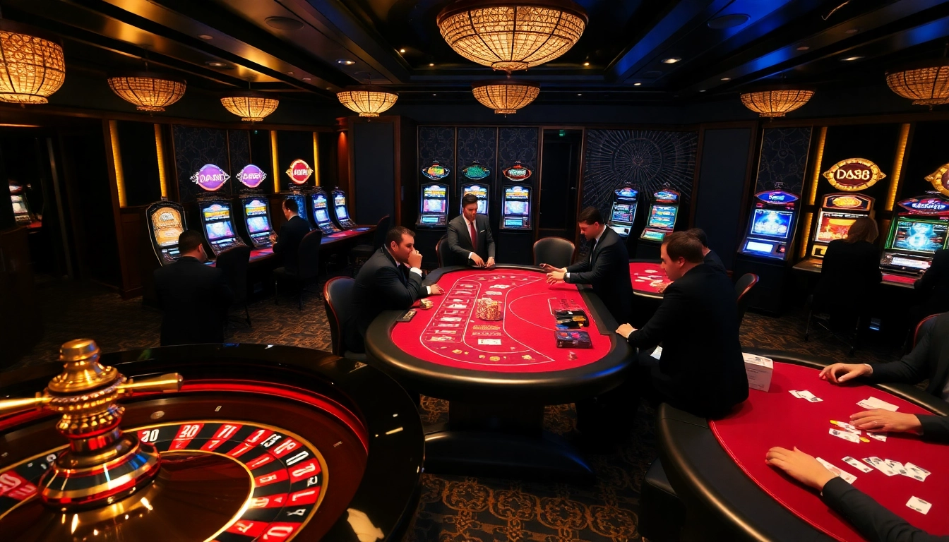 Experience exciting gameplay at https://da88.trading/ with poker chips and vibrant slot machines illuminating the casino.