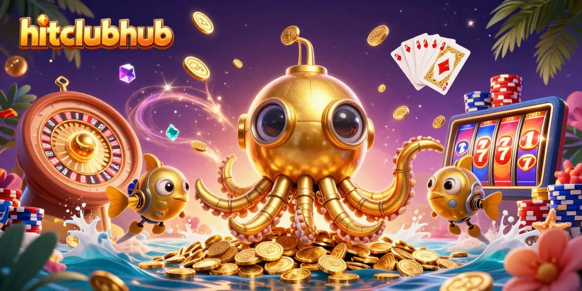 Experience the excitement of hitclubhub with a vibrant casino scene featuring a golden kraken submarine amidst cascading coins.