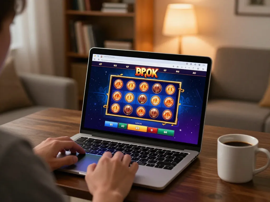 Engaging with Luck8 online casino slots on a laptop, cozy home setting