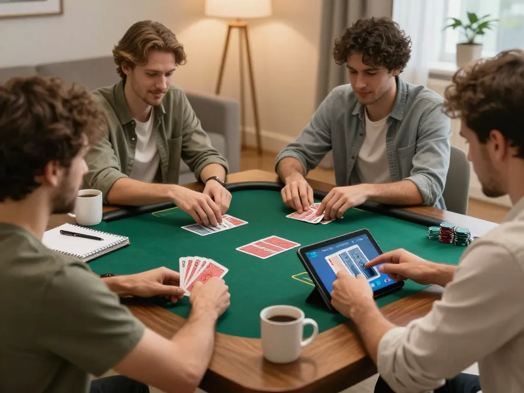 Players strategize in online poker game on TR88 app in cozy home setting.
