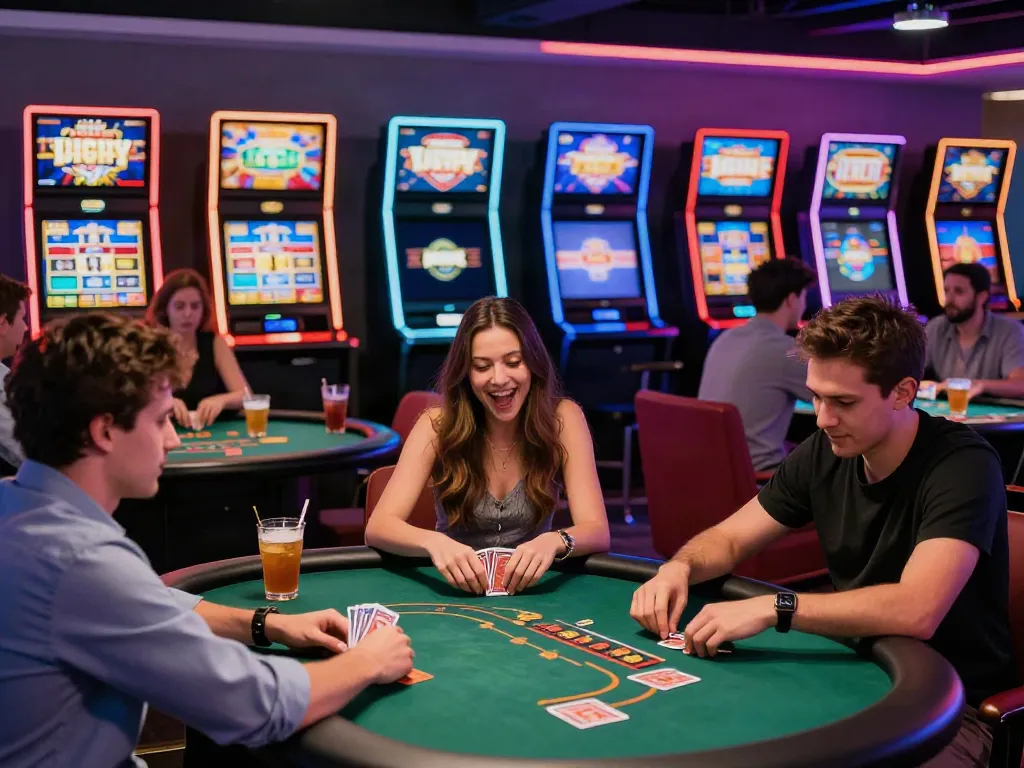Exciting gaming lounge atmosphere showcasing friends at gambling sites not on gamstop.
