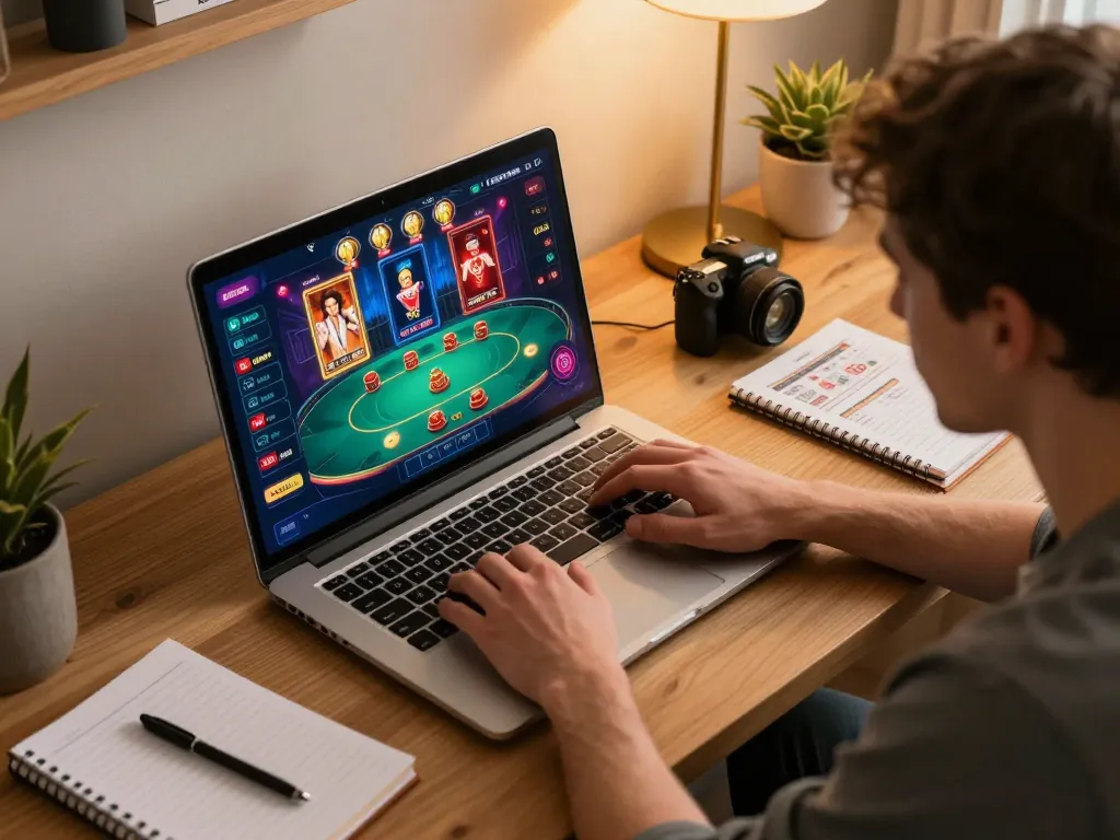 Engage in winning strategies with UG88 at your cozy online casino setup, featuring poker gameplay on laptop.