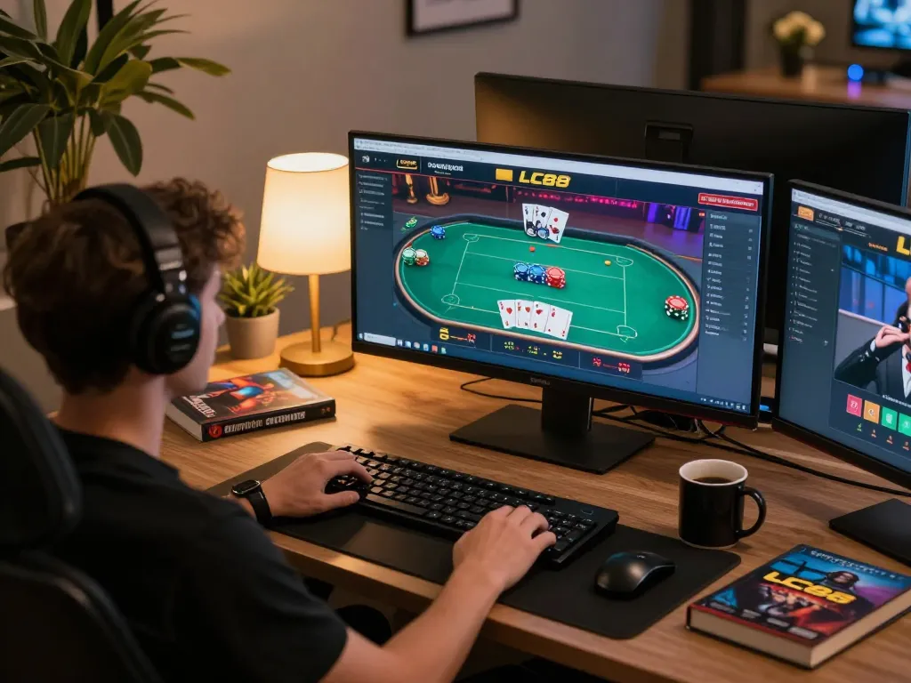 Engaging in strategic online gambling at LC88 with multiple screens showing active games.