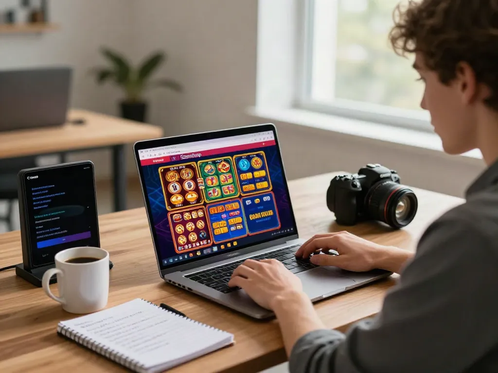 Engaging online gambling scene featuring a user exploring gambling sites not on GamStop, with colorful game graphics and modern desk setup.