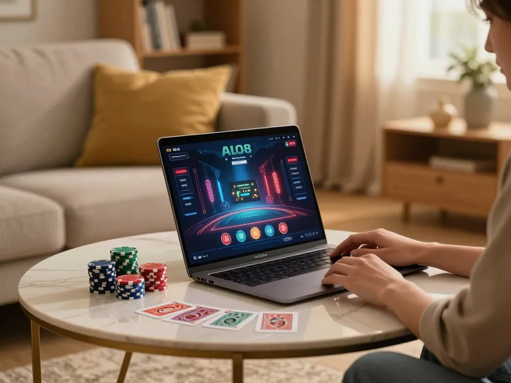 Engaging in ALO8 live casino gaming from home with warm ambiance and stylish decor.