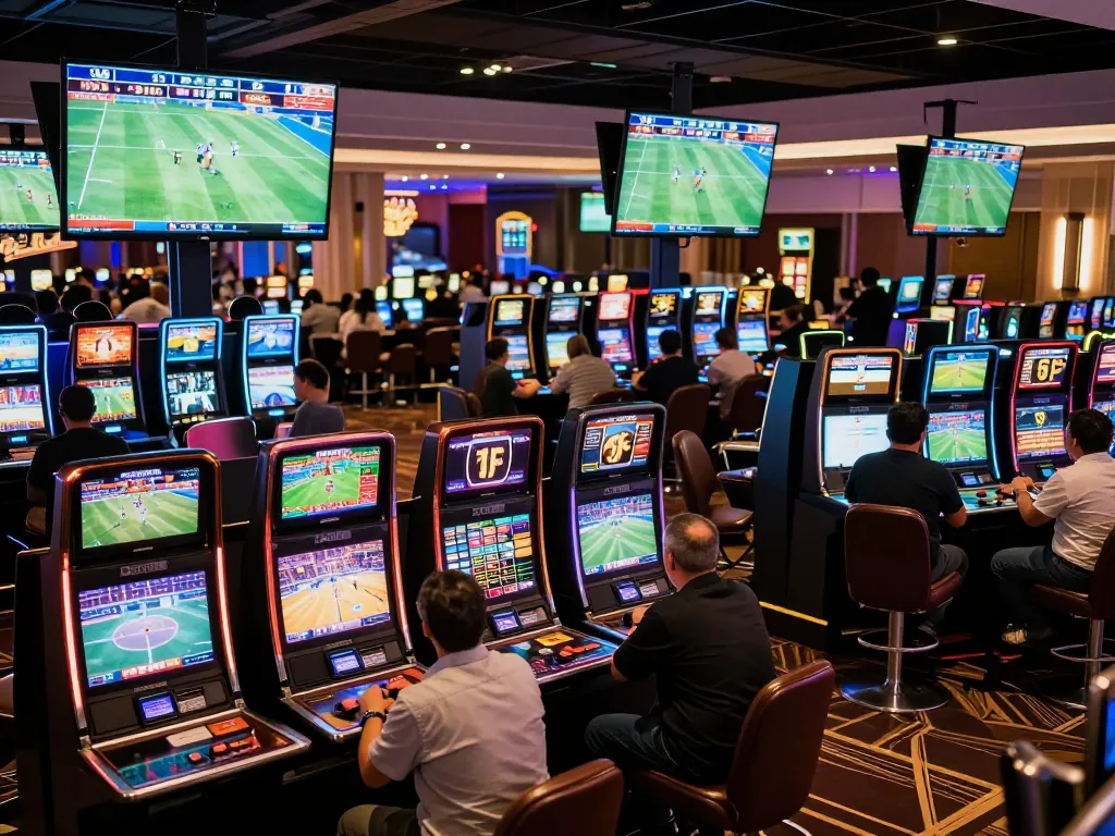 Betting excitement at nhandinhkeo with patrons placing wagers in a vibrant casino sports area.