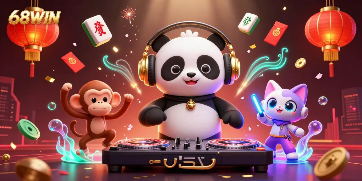 Engage with thrilling games at 68WIN, featuring a DJ panda, breakdancing monkey, and vibrant casino elements.