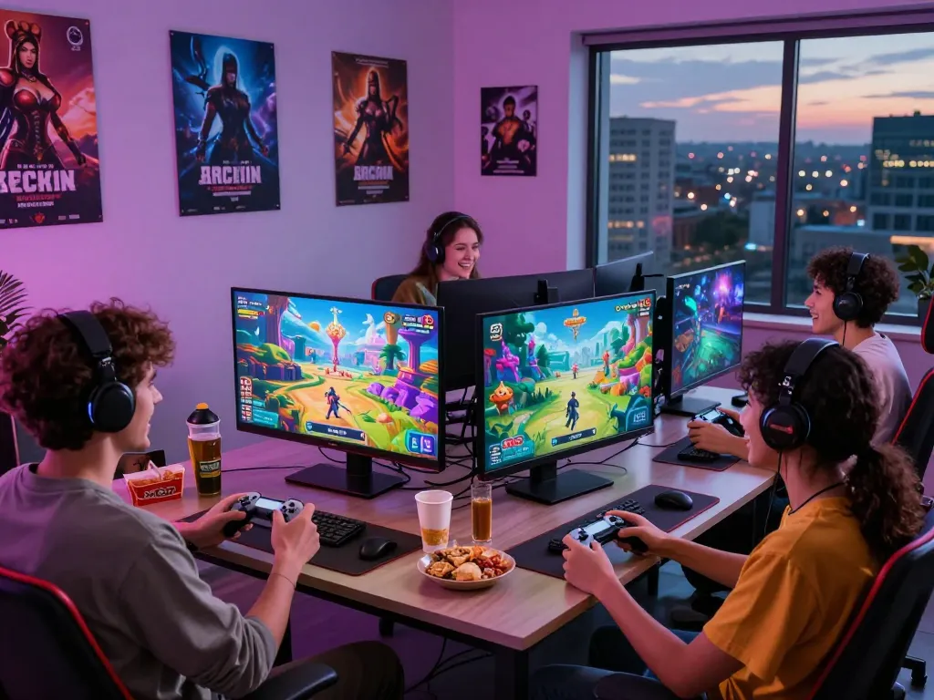 Friends enjoying a lively gaming session featuring various sex games in a vibrant gaming room.