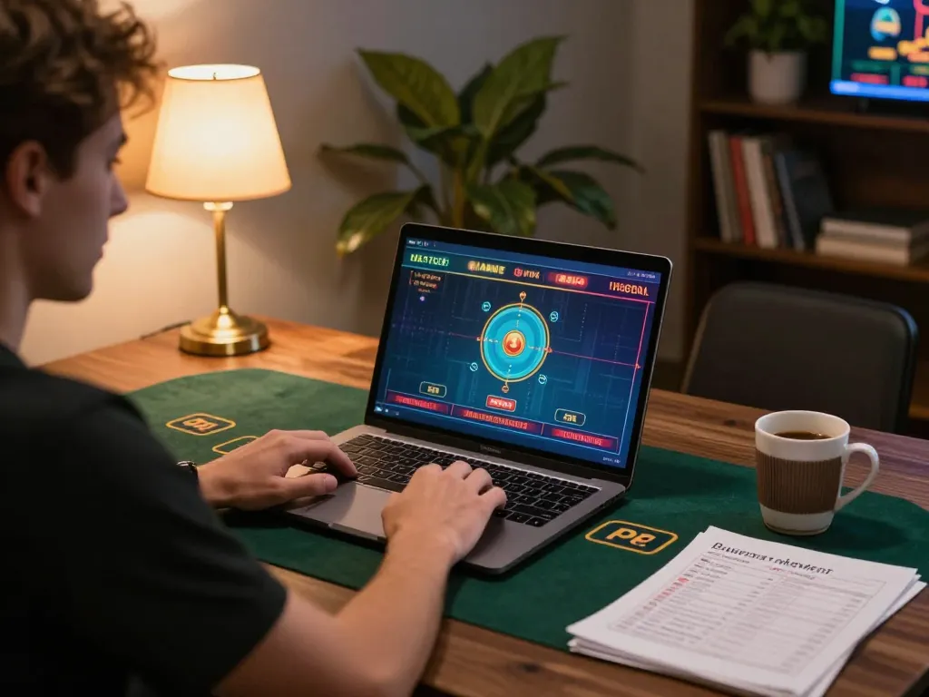 Player enjoying king88 vina live dealer game with bankroll notes and coffee, cozy home setup.