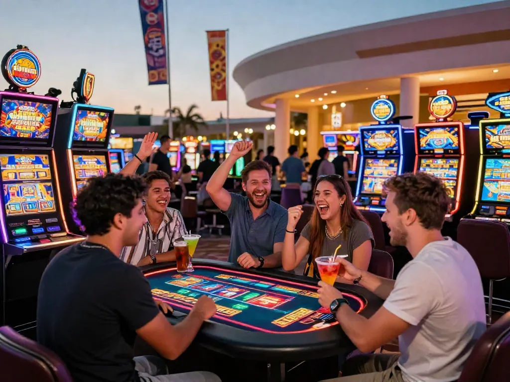 Exciting outdoor casino scene showcasing gambling sites not on GamStop with friends celebrating wins.