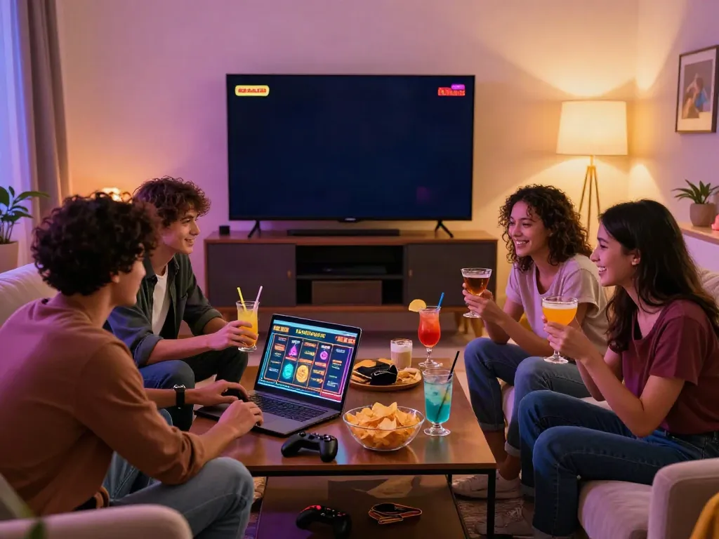 Friends enjoying an exciting online gaming night featuring gambling sites not on gamstop, cozy environment with snacks and drinks.