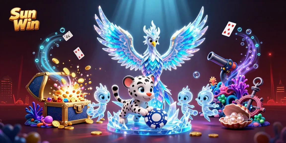 Experience the excitement of Sun Win with a bustling casino scene featuring vibrant characters and gold treasures.