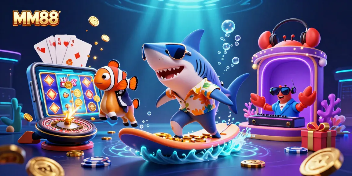 Experience big wins with MM88 as the hammer-head shark surfs gold coins in this vibrant casino scene.