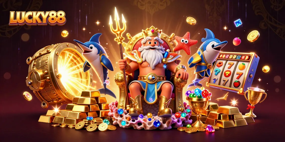 Experience LUCKY88 with a dynamic, illustrated scene showcasing fortune and casino excitement.