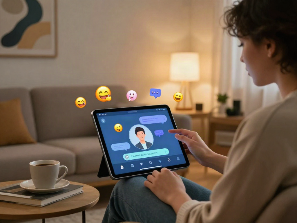 Engaging AI chat porn scene with user interacting with a virtual assistant in a cozy digital lounge.