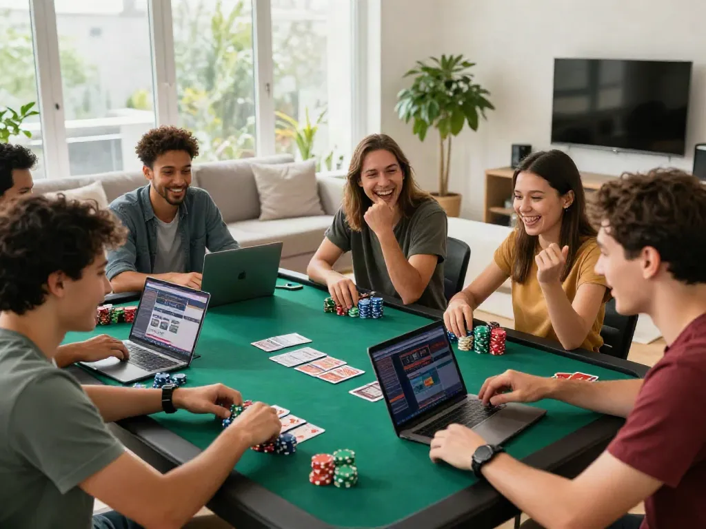 Friends discussing gambling sites not on GamStop in a cozy gaming room.