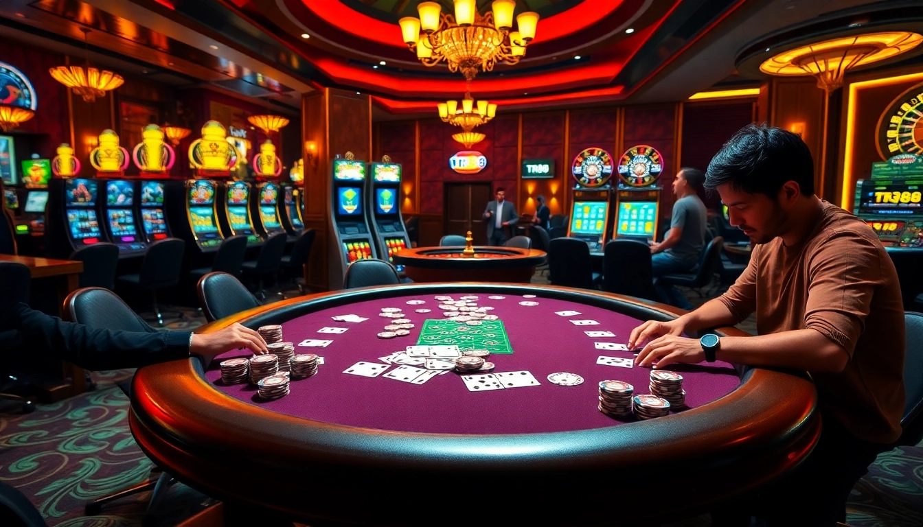 Gambler winning at poker table in a luxurious casino environment with tr88 branding.
