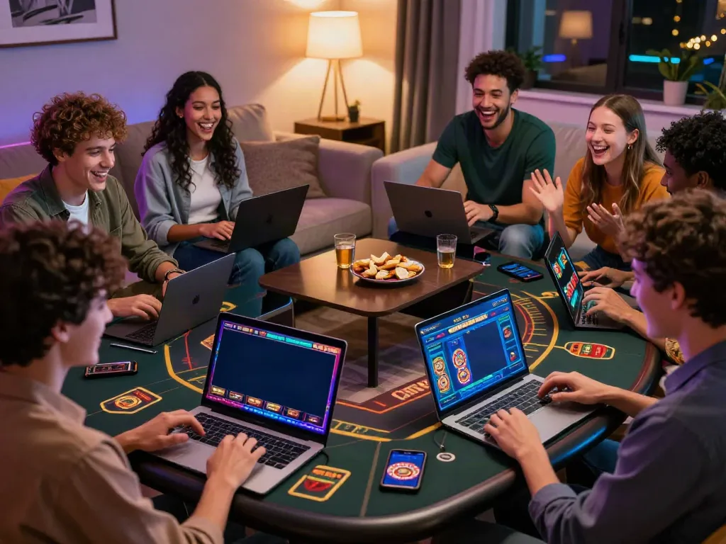 Players enjoying gambling sites not on gamstop in a lively home setting with laptops and tablets.