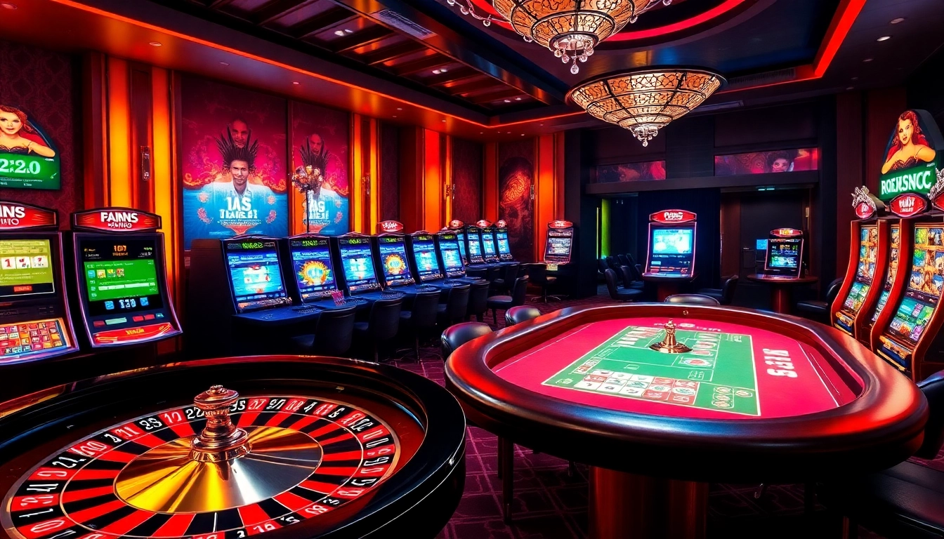 Experience thrilling wins at win55 with a dazzling casino backdrop featuring roulette and slot machines.