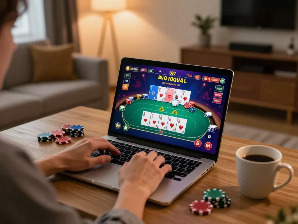 rik88 player engaged in online poker, showcasing vibrant gameplay interface and cozy atmosphere